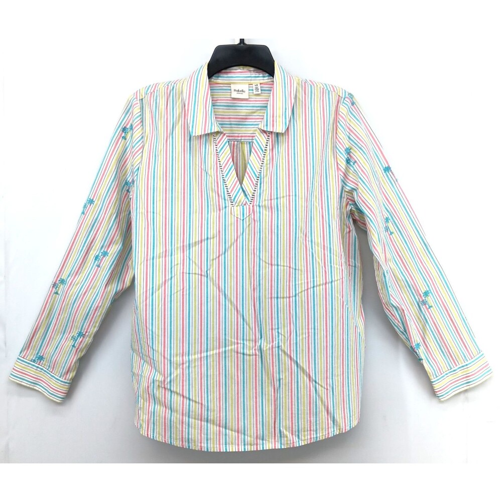 Rafaella Shirt Women Size Large Multicolor Striped Embroidered Palms Casual Top